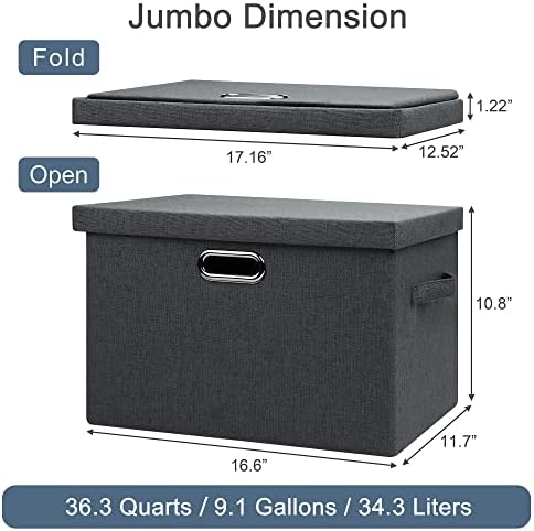 Graciadeco Large 17" 36 Quart Collapsible Stackable Storage Bins with Lids, 5 Packs Dark Gray Foldable Fabric Closet Storage Boxes with Lids Heavy-duty Linen Cube Baskets(17 x 12 x 11) - Image 2