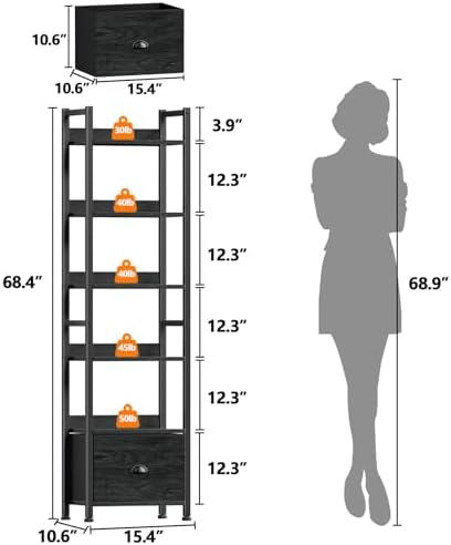 Furologee 6 Tier Bookshelf with Drawer, Tall Narrow Bookcase, Black Oak - Image 3