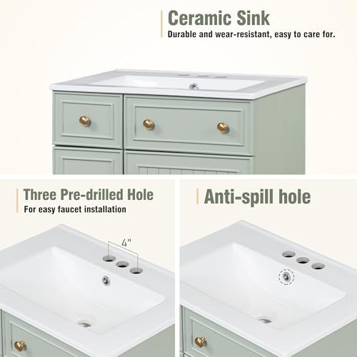 Harper & Bright Designs 24" Bathroom Vanity with Sink, Free Standing Single Basin Vanity Set with Two Drawers and One Door, Modern Solid Wood Bathroom Cabinet with Ceramic Basin for Bathroom, Green - Image 7