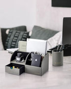 VLANDO 2 Pcs PU Leather Desk Caddy Set with Drawer,Pen Holder - Image 2