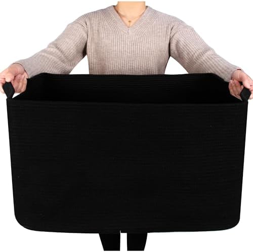 MINTWOOD Design 22in Extra Large Blanket Basket Holder Living Room, Rectangle Rope Woven Storage Basket with Handles for Laundry, Pool Towels, and Shoes, Dog Toy Organizer Bin Box, Full Black by MINTWOODDesign