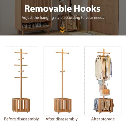 Solid Wood Freestanding Coat Rack with 10 Adjustable Hooks, Storage Basket and Lockable Casters, Organizes Hats, Clothes and Bags for Entryway, Bedroom, Living Room - Image 4