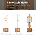 Solid Wood Freestanding Coat Rack with 10 Adjustable Hooks, Storage Basket and Lockable Casters, Organizes Hats, Clothes and Bags for Entryway, Bedroom, Living Room - Image 4