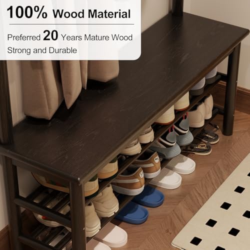 AQIMUELE Coat Rack with Shoe Storage, Wooden Hall Tree with Bench, 11 Hooks and 2-Tier Storage Shelves, 3-in-1, Entryway Bench with Coat Rack (39.3"-Black) - Image 4