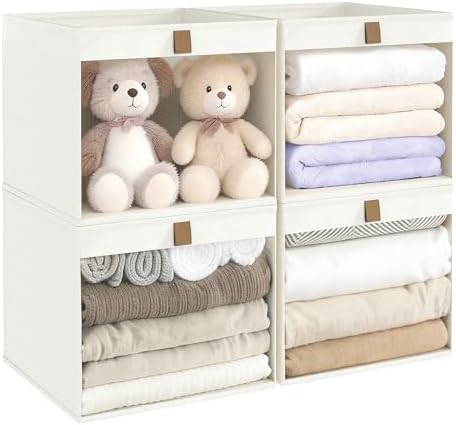 Linen Closet Organizers and Storage, Closet Storage Bins Basket Organizer, Foldable Organization Baskets with Mesh Window for Clothes Towels and Toys, 11" x 11" x 11", Beige, 4 pack by Coyacool