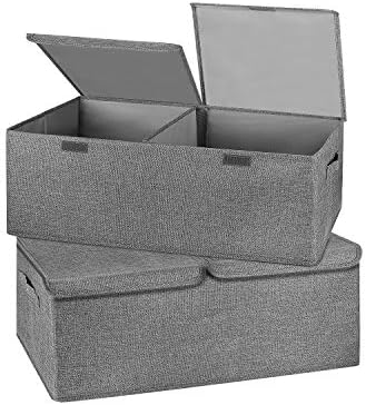 2 Pack Storage Boxes with Lids and Handles, Collapsible Linen Storage Bins Organizer Containers Baskets Cube with Removable Divider for Home Bedroom Closet Office (Grey, Small) by Unknown