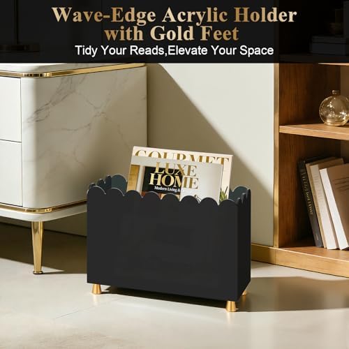 Acrylic Magazine Holder, Magazine Rack Floor,Sleek Black Stylish Organizer with Luxe Gold Metal Feet and Wave Edge Design Space Saving Storage for Books Newspapers Office Supplies,Home Office(Black) - Image 2