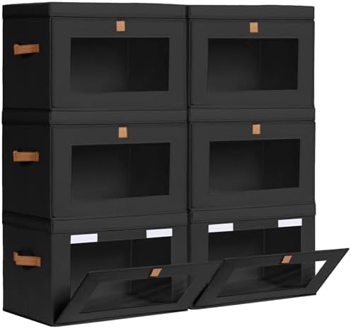 Homsorout Collapsible Storage Bins - Large Stackable Organizer Bins, Decorative Boxes with Handles & Window, Fabric Containers for Living Room, Closet, Dorm, 6 Pack, Black by Homsorout