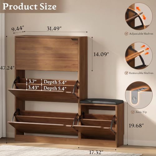 BORNOON Shoe Cabinet with Bench and 3 Flip Drawers, Slim Narrow Shoe Storage Cabinet, Freestanding Shoe Rack Organizer with Adjustable & Removable Shelves, Anti-Tip for Entryway, Hallway, Foyer - Image 2