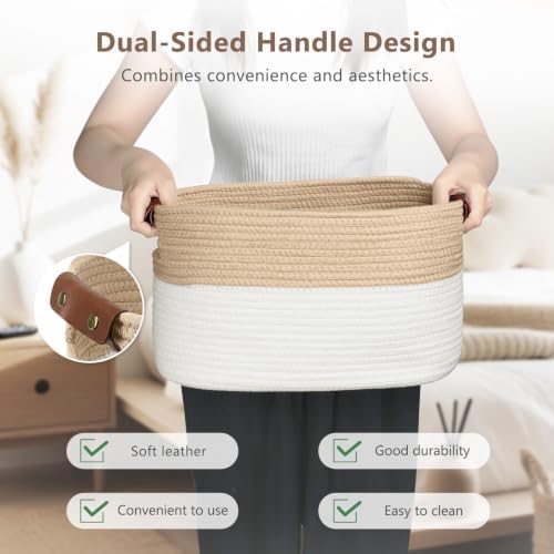 ECDYQXVU 15x10x9 Woven Cotton Rope Storage Basket, Leather Handles 2 Pack - Image 4