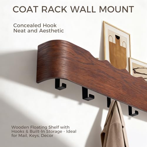 Coat Rack Wall Mount with Shelf Entryway Shelf Modern Key Holder Hanger Wall Shelves with Hidden Hooks for Hanging Towels Coats Hats Bags for Hallway Bathroom Bedroom(Wavy Walnut Color, 5 Hooks) - Image 4