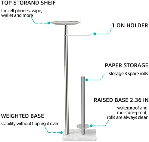 FEILERN Toilet Paper Holder Stand for Bathroom Floor Standing Toilet Roll Dispenser Storages 4 Reserve Rolls, with Top Storage Shelf for Cell Phones, Wipe, Wallet and More(Marble Brush Nickel) - Image 2