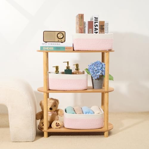MiniArk Small Storage Baskets for Organizing | Closet Organizer Bins | Shelf Toy Basket | Woven Rope Baskets | Cube Decorative Box | Shallow Basket | 13x8.5x5.1” | 3 Packs White Pink - Image 6