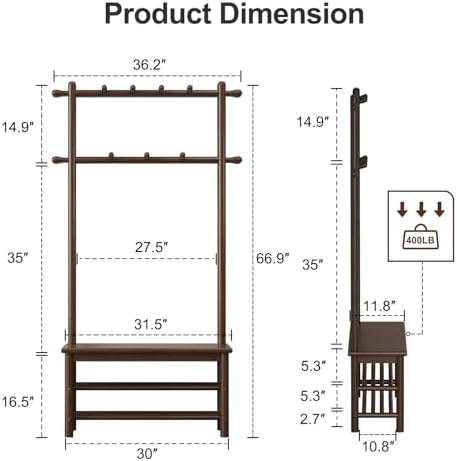 AQIMUELE Hall Tree, Coat Rack with Shoe Storage, Wooden Hall Tree with Bench, 11 Hooks and 2-Tier Storage Shelves, Entryway Bench with Coat Rack (31.5" - Deep Walnut) - Image 2