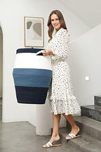 26"x20" Extra Large Tall Woven Laundry Basket with Lid, Cotton Rope Blanket Storage Basket, Freestanding Decorative Bin for Bedroom Living Room, White Denim & Navy - Image 2