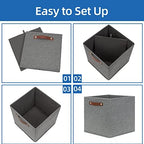 Temary 12x12 Storage Cube Bins 4 Pack Fabric Storage Cubes Storage Bins with Leather Handles, Storage Baskets Foldable Cube Organizers Bins for Home (Grey) - Image 7