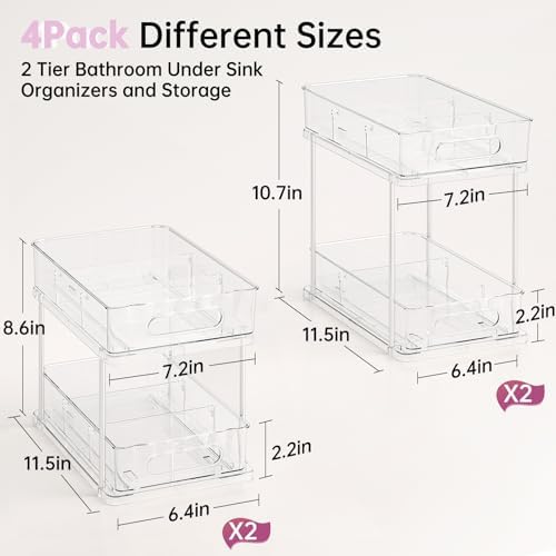 Delamu 2 Tier Under Sink Organizer Bathroom, Bathroom Cabinet Organizer with Snap-Lock Design and Hooks, Pull Out Storage with Movable Dividers, for Countertop, Kitchen and Pantry (Clear, 4 Pack) - Image 3