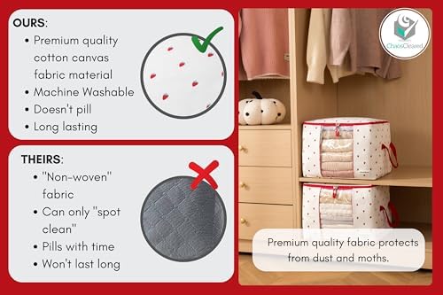 Chaos Cleared Canvas Storage Bags Designer Organizer 2 Pack – Seasonal Storage for Sweaters, Blankets, Linens & Garments – Foldable Design with Zip & Window (Strawberry Print) - Image 4