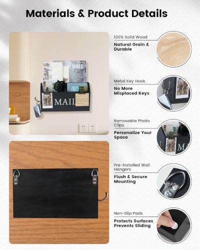 DLQuarts Solid Wood Mail Organizer Countertop or Wall Mounted, Matte Black - Image 5