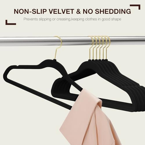 Korpai 60 Pack Black Velvet Hangers,Felt Hangers with Gold 360 Swivel Hook,Suit Hanger for Closet Organizer, Non Slip,Heavy-Duty,Space Saving,Slim Clothes Hangers for Coats,Outfit,Shirts,Suits,ect - Image 5