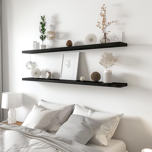 YYWUOJJ Wood Floating Shelves for Wall Decor, Rustic Wall Shelves for Bedroom Bathroom Kitchen Living Room, Set of 4 Black 48 Inch - Image 5