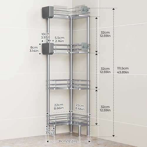 Orimade Rustproof 4 Tier Floor Standing Corner Shower Caddy Organizer with Toothbrush Holder, Large Spacing Floor Shower Shelf Rack Storage Stands with Hooks for Bathroom Kitchen, Silver - Image 2