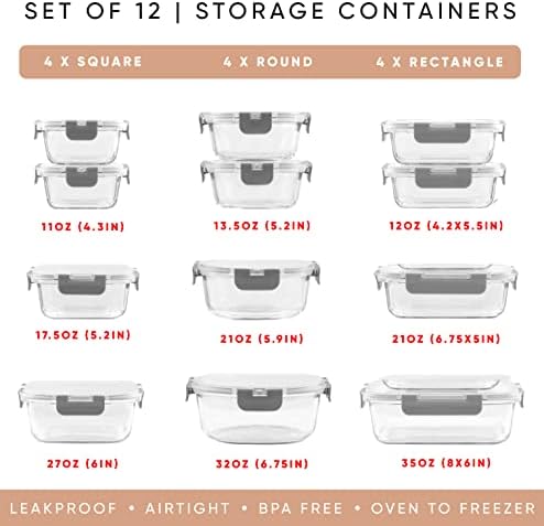 JoyJolt 24pc Borosilicate Glass Storage Containers with Lids | 12 Airtight/Freezer Safe Food Storage Containers for Pantry and Kitchen | Meal Prep Container for Lunch | Glass Tupperware Set - Image 2