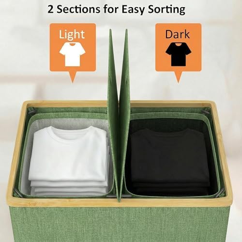 efluky Double Laundry Hamper with Lid and 2 Removable Bags, Sage Green - Image 2