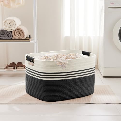 86L Large Woven Laundry Basket Hamper with Leather Handles,Black - Image 3