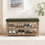 Zihanhome Shoe Rack Bench with Leather Cushion, 2 Tier Solid Wood Storage Bench, Mid-Century Modern Shoe Bench for Entryway, Hallway, Closet, Front Door Entrance, Foyer (Green, 39.4") by Zihanhome