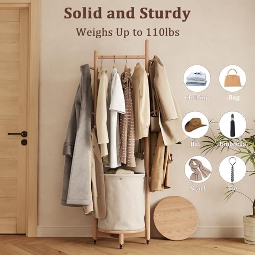 CycleCrew Solid Wood Coat Rack with Fabric Basket - Freestanding Coat Rack Rolling Coat Tree with 9 Hooks Wheels, Small Clothes Rack For Entryway Bedroom Hallway Living Room - Image 2
