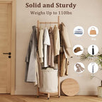 CycleCrew Solid Wood Coat Rack with Fabric Basket - Freestanding Coat Rack Rolling Coat Tree with 9 Hooks Wheels, Small Clothes Rack For Entryway Bedroom Hallway Living Room - Image 2