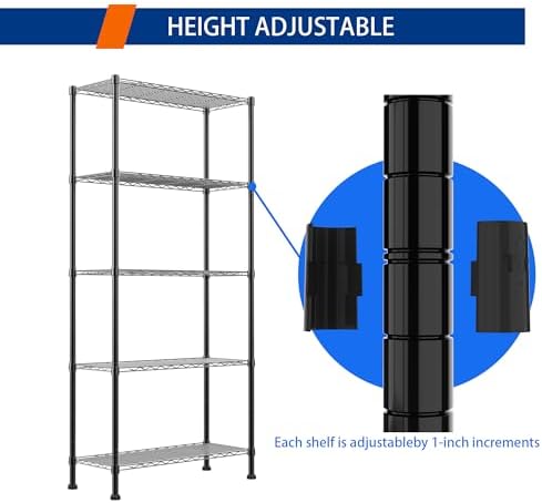 REGILLER 5-Wire Shelving Metal Storage Rack Adjustable Shelves,Standing Storage Shelf Units for Laundry Bathroom Kitchen Pantry Closet(Black,14.1" D x 30" W x 79" H) - Image 5