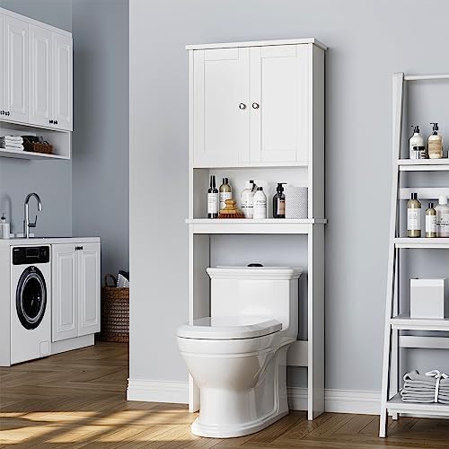 Over the Toilet Storage Cabinet, Bathroom Storage Cabinet White Organizer Over Toilet, Bathroom Space Saver with Adjustable Shelf, White by Meilocar