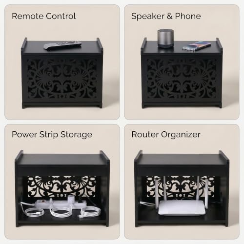 Wooden WiFi Router Hide Box with Cable Management, Decorative Router Box Hider for Modem, Power Strip Cords, Large Router Storage Cabinet, Modern Home Organizer for Living Room & Office (Black) - Image 6