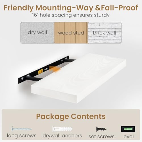 Fun Memories White Floating Shelves 36 Inch Long, 9.3 Inch Deep Floating Shelf 2 Pack for Wall Bathroom, Living Room, Kitchen, Large Long Wall Shelves with Heavy-Duty Bracket for Books Decor - Image 6