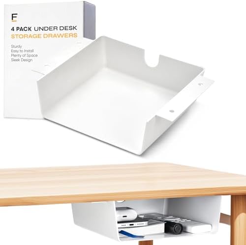 4 Pack Under Desk Hanging Shelf Drawer Organizer, Attachable Plastic Hidden Storage Tray, Easy Adhesive Mount Holder for Standing Tables, Office, Counters, Cabinets, Workstations - White by Unknown