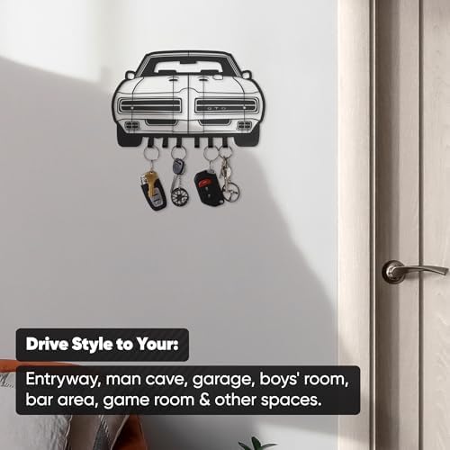 MOOH Car Key Holder for Wall - Metal Automotive Key Holder with 6 Hooks - Unique Car Gift for Men, Women, Car Lovers & Enthusiasts - Cool Man Cave Decor (Pontiac GTO 1969, Black) - Image 4