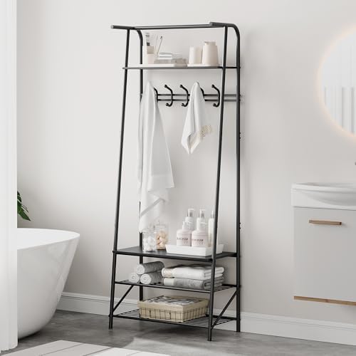 25" Hall Tree, Coat Rack with Shoe Rack, 4-Tier Shelf Entryway Shoe Bench with Storage, Freestanding Metal Frame Multifunctional Hallway Organizer with Hooks, Accent Furniture for Bathroom - Image 3