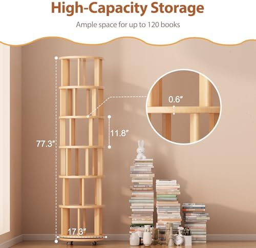 Muwuele 6 Tier Solid Wood Rotating Bookshelf Tower on Wheels, Natural - Image 2