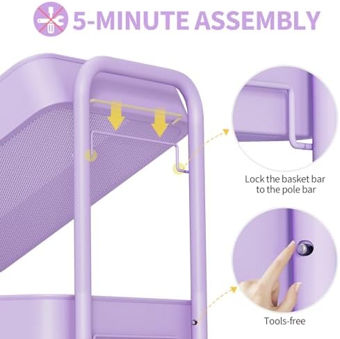 TOOLF 4 Tier Metal Rolling Cart, Utility Storage Cart with Wheels, Purple - Image 4