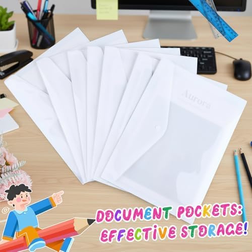 MotiMind 100 Pcs Clear Envelopes with Snap Button Closure Bulk A4 Letter Size Clear Plastic Envelope Folder Document Organizer File Folders for Office Home (Milky) - Image 5