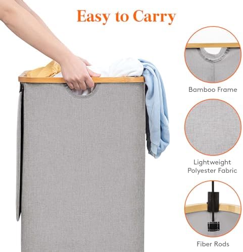 Lifewit 120L Large Laundry Basket with Lid, 2 Removable Bags, Light Gray - Image 6