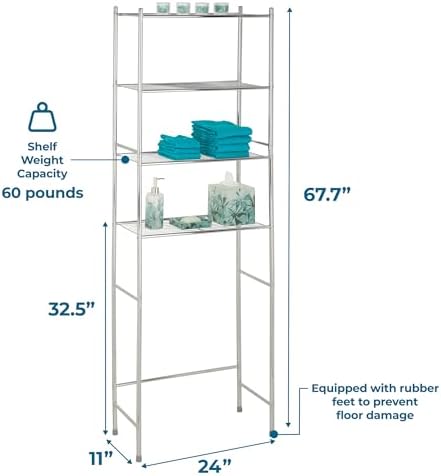 Honey-Can-Do 4-Tier Over-The-Toilet Storage Shelf - Space-Saving Steel Bathroom Restroom Organizer with Neutral Chrome Finish, Ideal for Towels, Toiletries, & Essentials - 24"W x 68"H x 11"D - Image 3