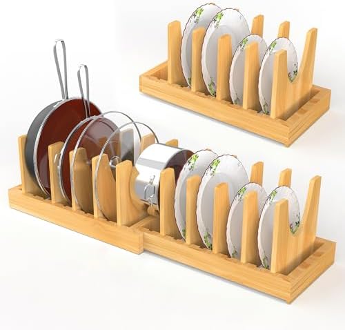 Bamboo Pots and Pans Organizer Under Cabinet, Adjustable Pot Lid Organizer by Unknown