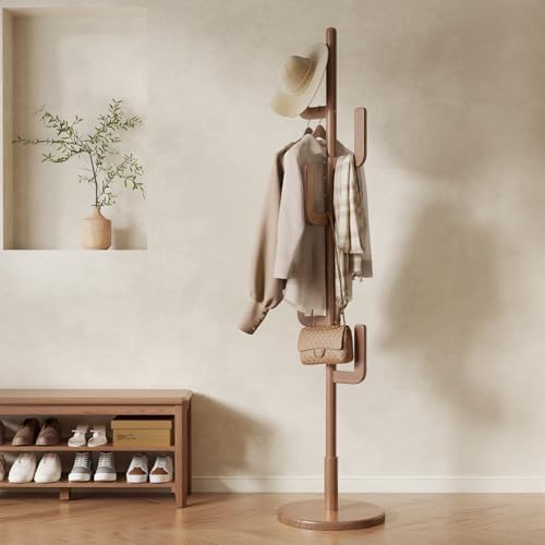 Muwuele Solid Wood Cactus Coat Rack, Freestanding Coat Rack With 6 L-Shaped Hooks and 3 Adjustable Sizes, Coat Tree for Bedroom, Entryway, Livingroom, Coat Hanger Stand for Coats, Handbags (Walnut) by Muwuele