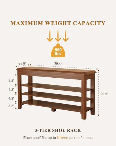 IUNVR Shoe Rack Bench Seat Rubberwood 3-Tier Wooden Storage Bench 550lbs Compact Mid-Century Modern Design for Entryway, Hallway, Closet, Front Door Entrance, Foyer - Image 2