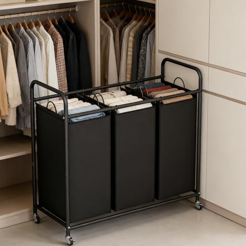LINZINAR 3 Section Laundry Hamper, Black Laundry Basket 135L Laundry Sorter - Image 3