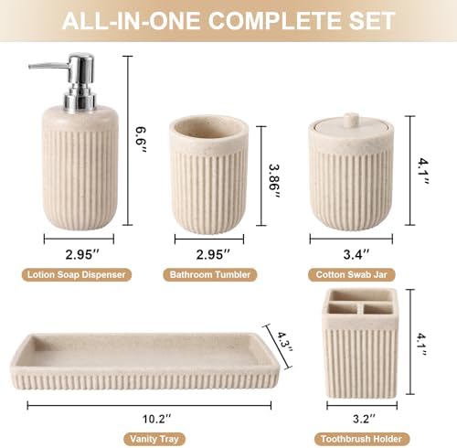 XLHOMO Resin Beige Bathroom Accessories Set 5 Pcs, Lotion Soap Dispenser, Toothbrush Holder, Bathroom Tumbler, Qtip Holder and Vanity Tray, Bathroom Countertop Organizer Set for Modern Home Apartment - Image 2