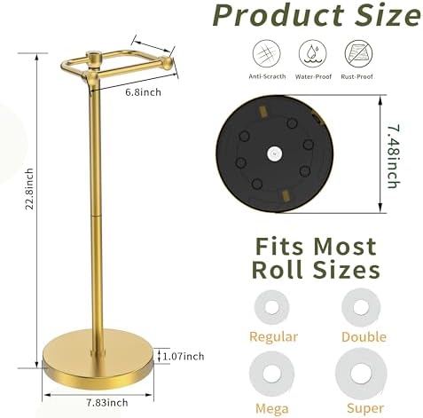 Toilet Paper Holder Stand, Modern Bathroom Free Standing Toilet Paper Roll Holder, Post Pivoting Toilet Paper Stand with Stainless Steel Tissue Rack, Rust-Proof & Heavy Stable Base（Brushed Gold） - Image 7
